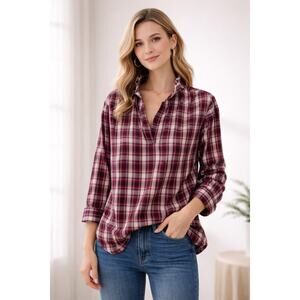 A Shirt Thing Penelope Checkered Plaid V Ruffle Neck Cotton Top Small